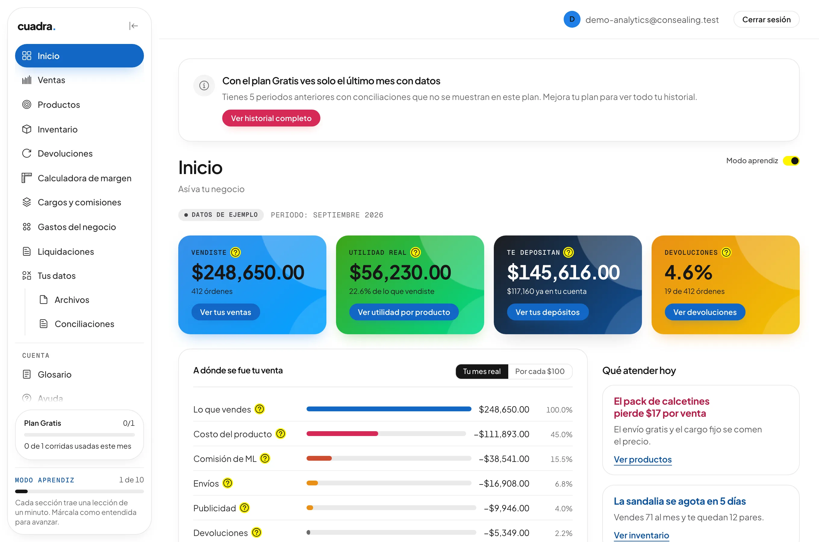 Pantalla de Inicio de cuadra con lo que vendiste, tu utilidad real, lo que te depositan y tus devoluciones, con datos de ejemplo