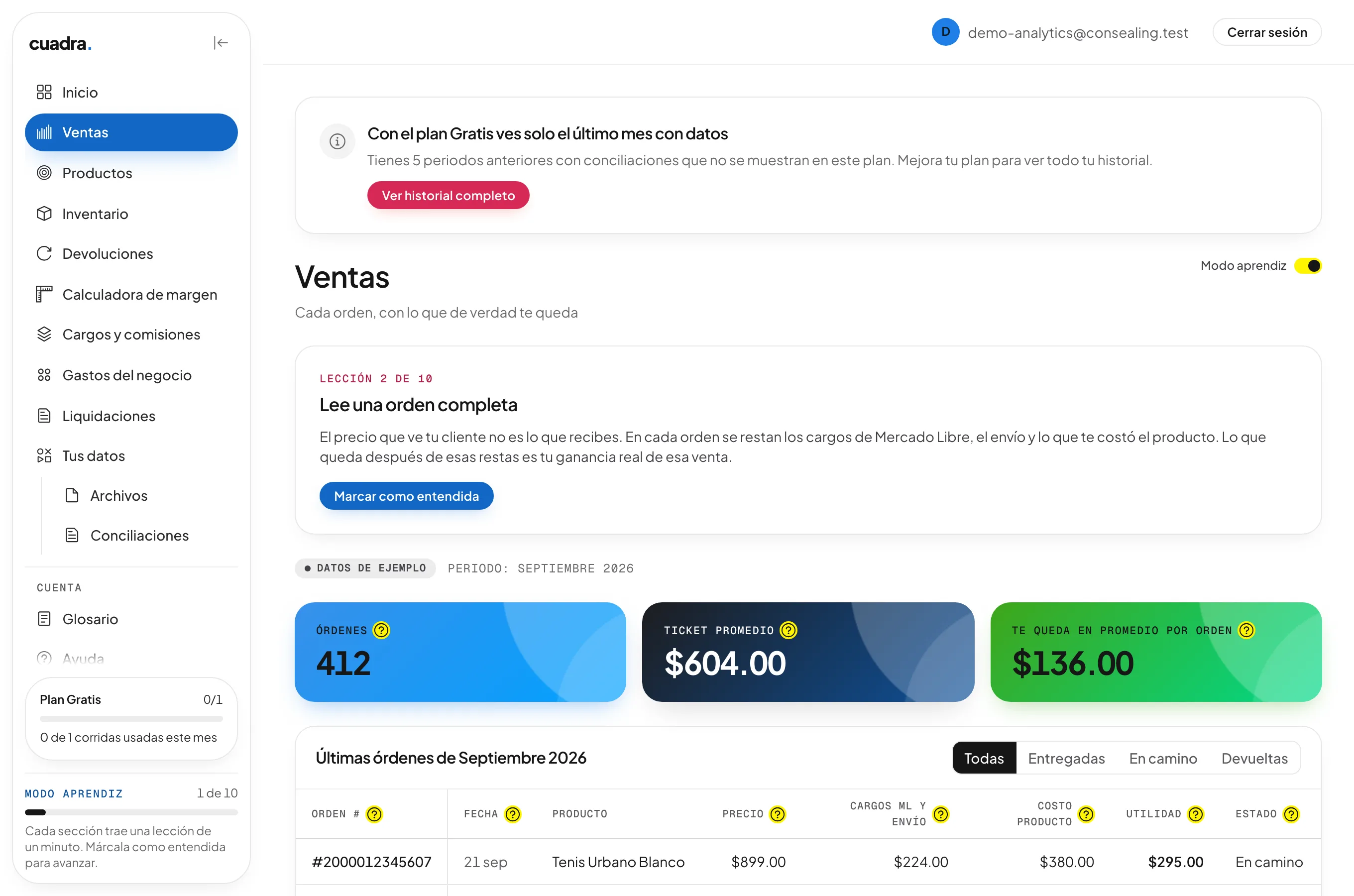 Pantalla de Ventas de cuadra con órdenes, ticket promedio, lo que te queda por orden y una tabla de órdenes recientes, con datos de ejemplo